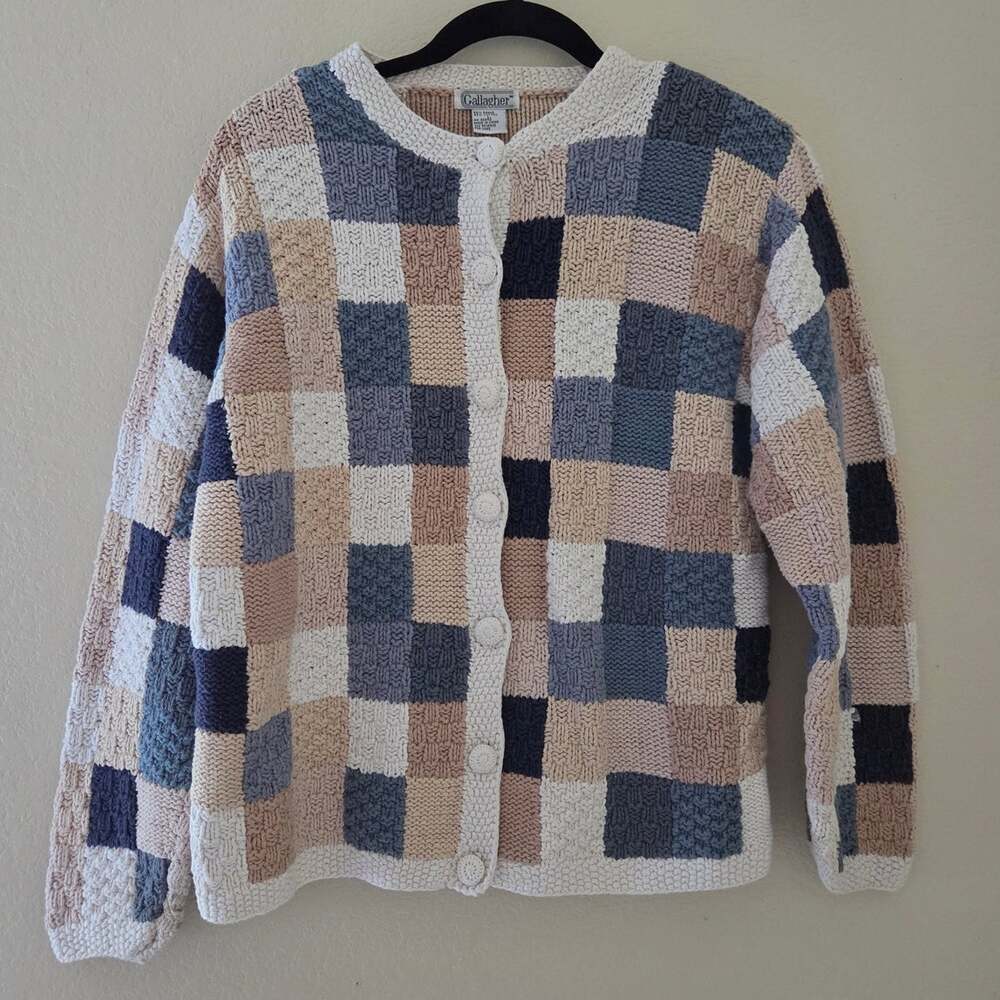 Vintage Gallagher Patchwork Knit Cardigan Grannie Sweater Ramie Cotton Blend